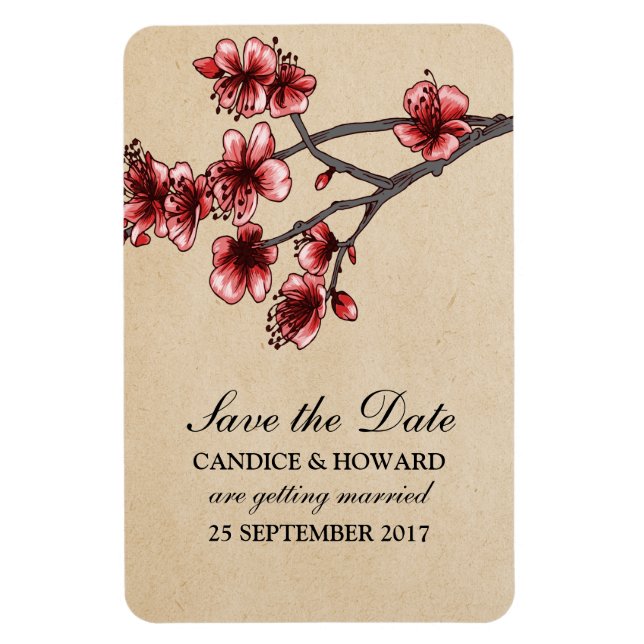 Red Vintage Cherry Blossoms Save the Date Magnet (Vertical)