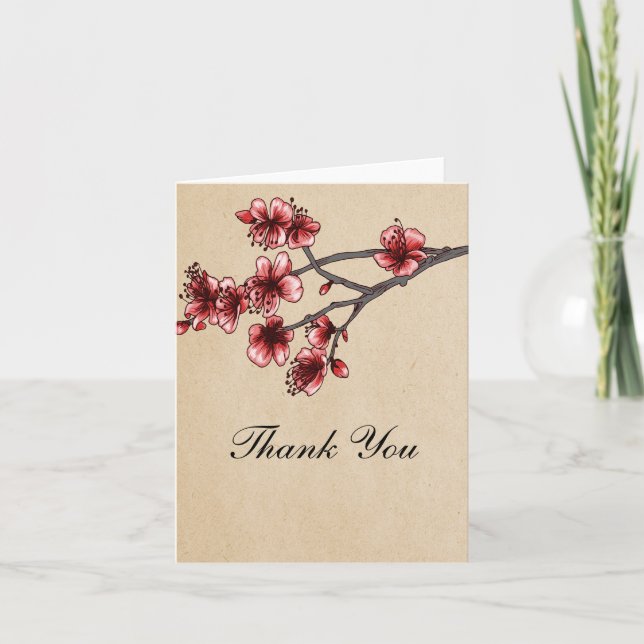 Red Vintage Cherry Blossoms Thank You Card (Front)