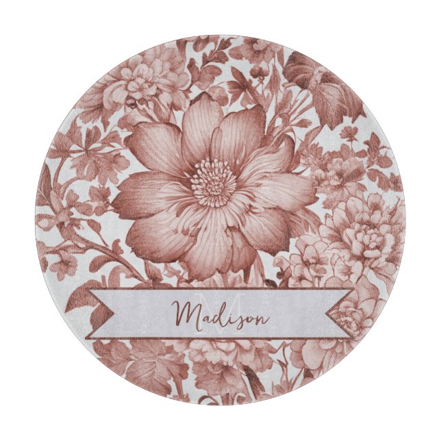 Red Vintage Chinoiserie Floral Personalized Cutting Board (Front)