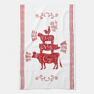 Red Vintage Country Farmhouse Stacked Farm Animal Kitchen Towel
