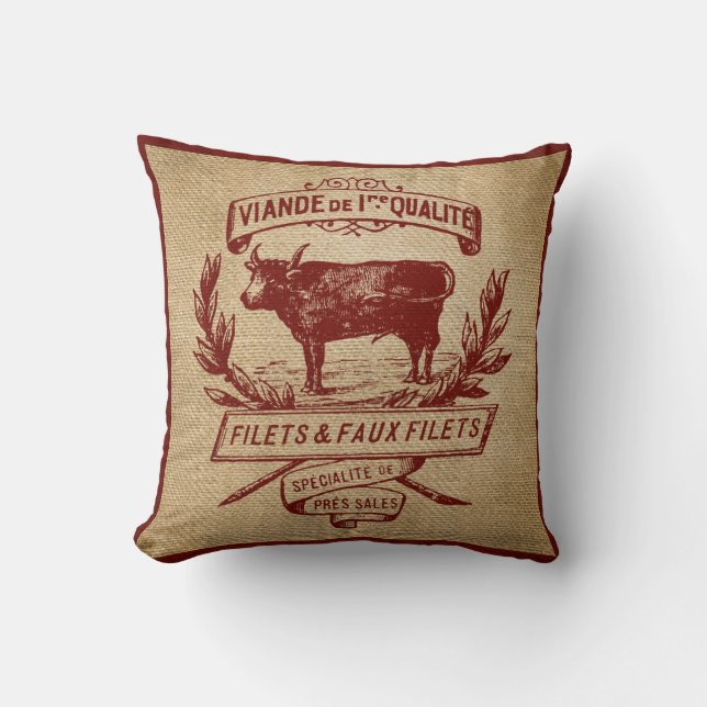 Red Vintage Cow Deli Advertisment Burlap Throw Pillow (Front)