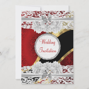 Red vintage damask and white lace  wedding invitation