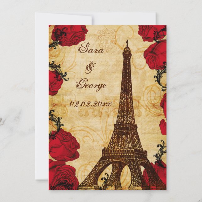 red vintage eiffel tower Paris save the date (Front)