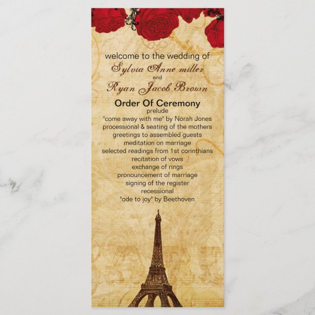red vintage eiffel tower Paris wedding program (Front)