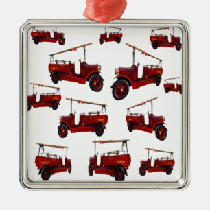 Red Vintage Fire Truck Pattern, Metal Ornament