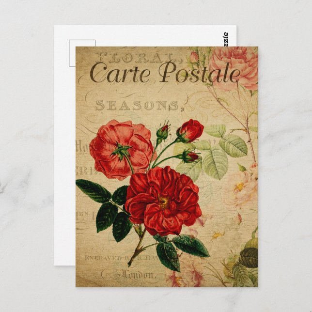 Red Vintage Flowers Postcard (Front/Back)