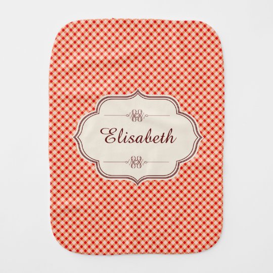 Red vintage gingham calligraphy name baby girl burp cloth