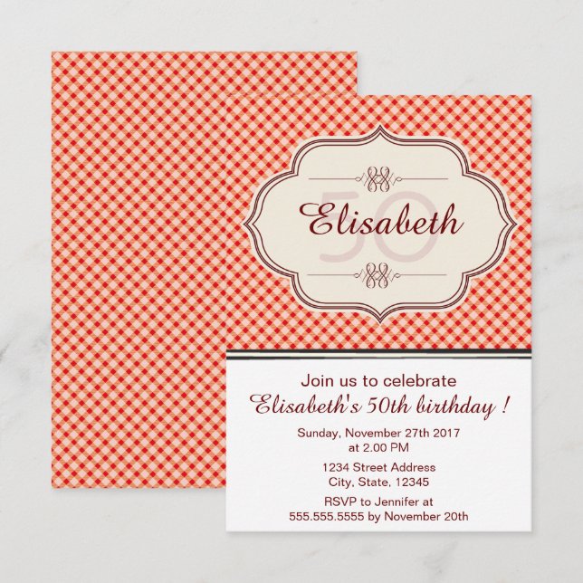 Red vintage gingham calligraphy woman birthday invitation (Front/Back)
