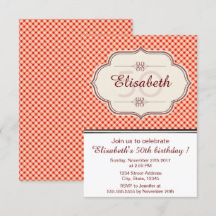 Red vintage gingham calligraphy woman birthday invitation