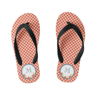 Red vintage gingham flower monogram girls kid's flip flops