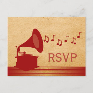 Red Vintage Gramophone RSVP Postcard