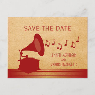 Red Vintage Gramophone Save the Date Postcard