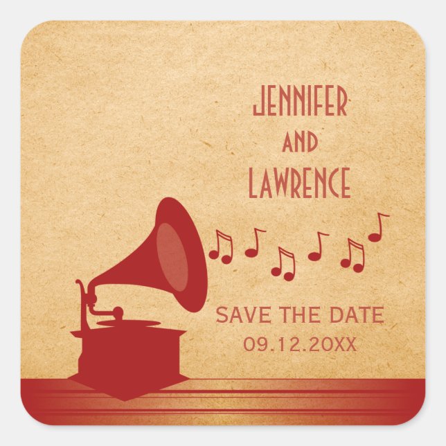 Red Vintage Gramophone Save the Date Stickers (Front)