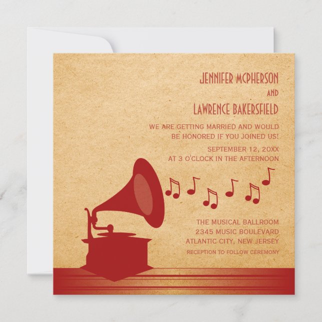 Red Vintage Gramophone Wedding Invite (Front)