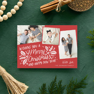 Red Vintage Holly Tilted Snapshot Multi-Photo 3 Holiday Card