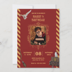 Red vintage magic photo birthday invitation