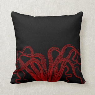 Red Vintage Octopus Tentacles Illustration Throw Pillow