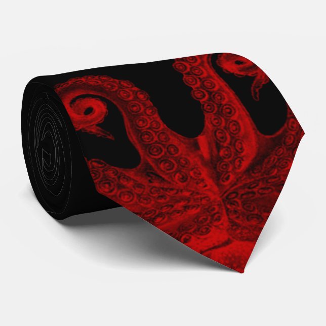 Red Vintage Octopus Tentacles Illustration Tie (Rolled)