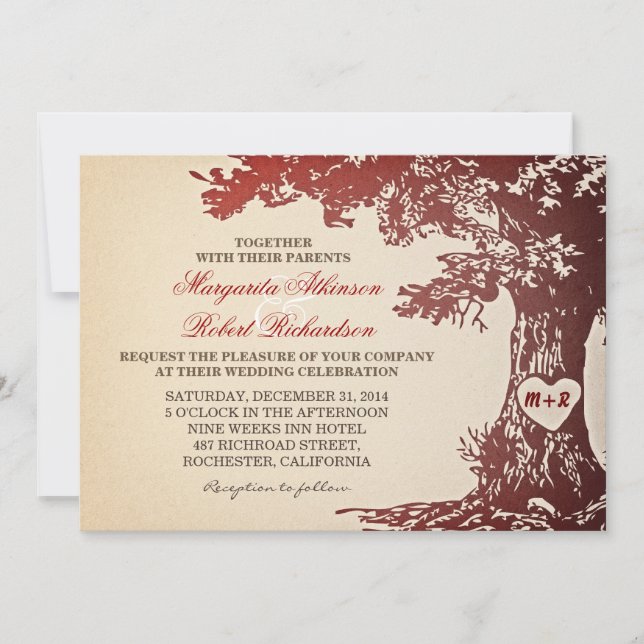 red vintage old oak tree wedding invitations (Front)