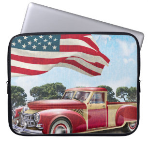 Red vintage pick up truck with American flag. Laptop Sleeve