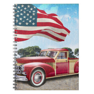 Red vintage pick up truck with American flag. Notebook