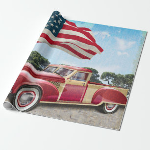 Red vintage pick up truck with American flag. Wrapping Paper