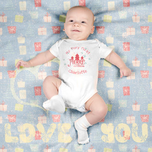 Red Vintage Pine Trees Baby First Christmas Bodysuit