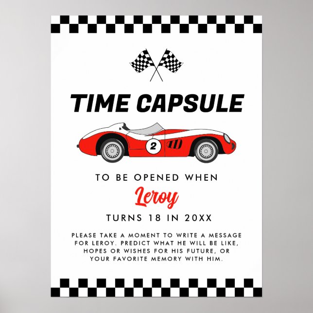 Red Vintage Race Car Birthday Time Capsule Poster (Front)