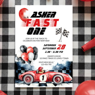 Red Vintage Race Car Fast One 1st Birthday Invitation