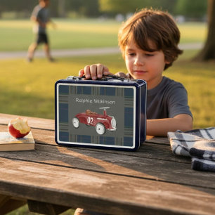 Red Vintage Racecar Plaid Boy's Name Lunchbox