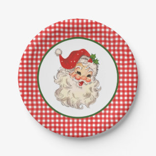 Red Vintage Retro Santa with Red Plaid  Paper Plate