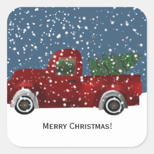 Red vintage Retro Truck and  Christmas Tree Square Sticker