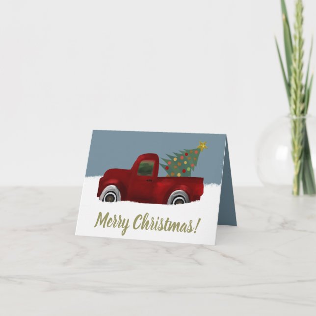 Red vintage Retro Truck Christmas Tree Holiday Card (Front)