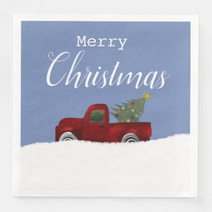 Red vintage retro truck with christmas tree napkin