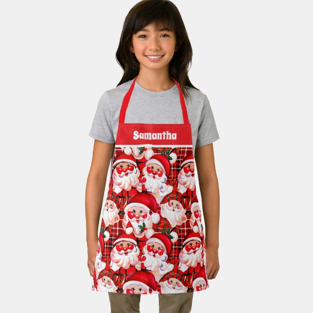 Red Vintage Santa Claus Plaid Christmas Kids Apron (Insitu)
