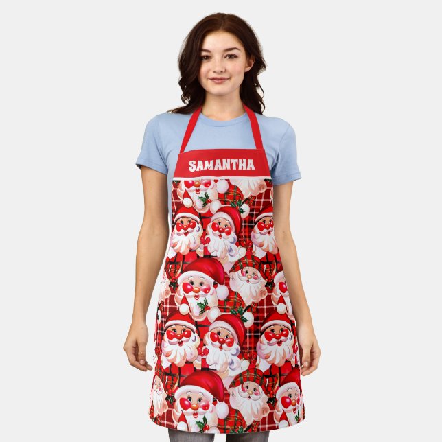 Red Vintage Santa Claus Tartan Plaid Christmas Apron (Worn)