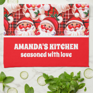 Red Vintage Santa Claus Tartan Plaid Christmas Kitchen Towel