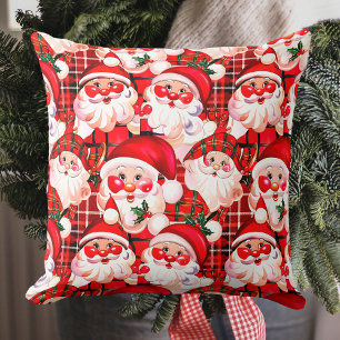 Red Vintage Santa Claus Tartan Plaid Christmas Throw Pillow
