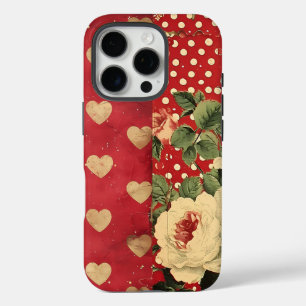 Red Vintage Shabby Chic Dots Hearts Florals Mix iPhone 16 Pro Case