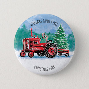 Red Vintage Tractor Christmas Tree Add Name 2 Inch Round Button