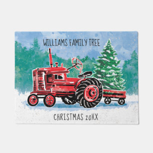 Red Vintage Tractor Christmas Tree Add Name Doormat