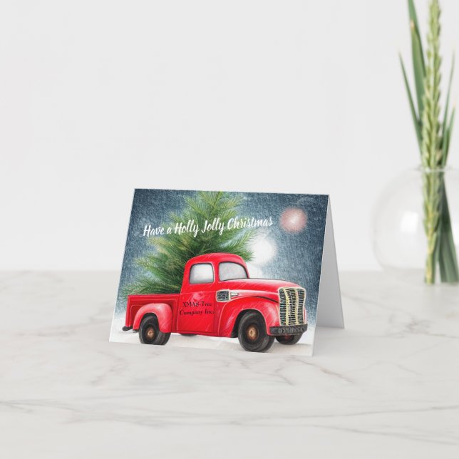 Red vintage truck and tree custom holiday card (Front)