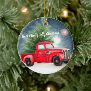 Red vintage truck and tree custom holiday ceramic ornament