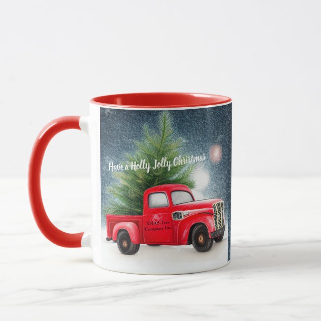 Red vintage truck and tree custom holiday  mug (Left)