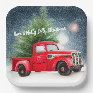 Red vintage truck and tree custom holiday  paper plate