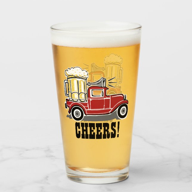 Red Vintage Truck Cheers Beer Glass (Front Filled)