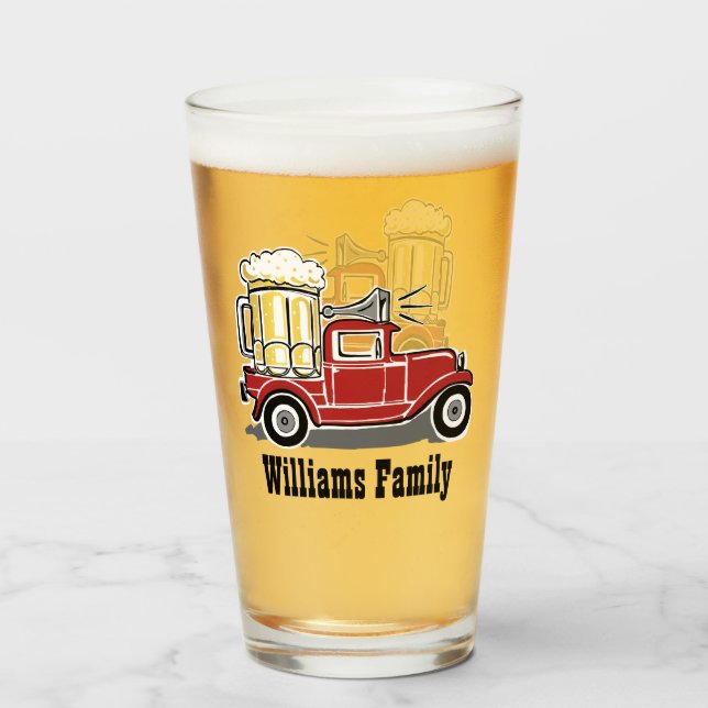 Red Vintage Truck Cheers Beer Glass Monogrammed (Front Filled)