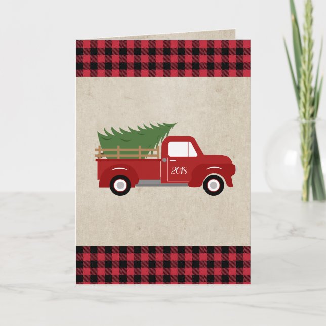 Red Vintage Truck Christmas Tree Custom Holiday Card (Front)