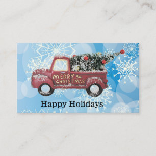 red vintage truck on a blue snowflake background   business card