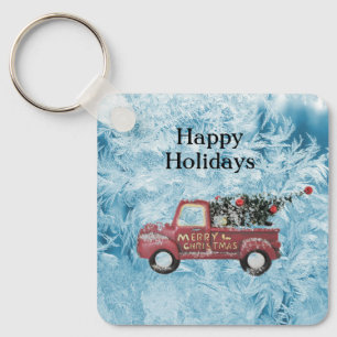 red vintage truck on a blue snowflake background   keychain